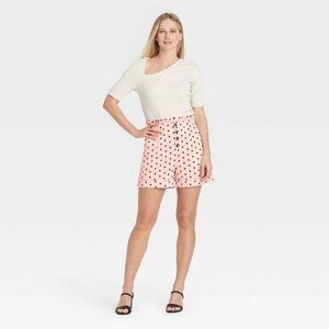 Who What Wear Women's High-Waisted Paper Bag Shorts Polka Dots Pink Black Size 6